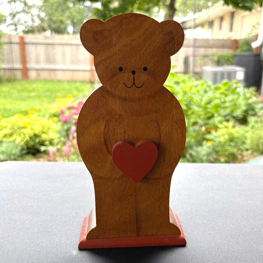 Vintage Style Wooden Teddy Bear Coin Bank with Red Heart Rustic Nursery Decor